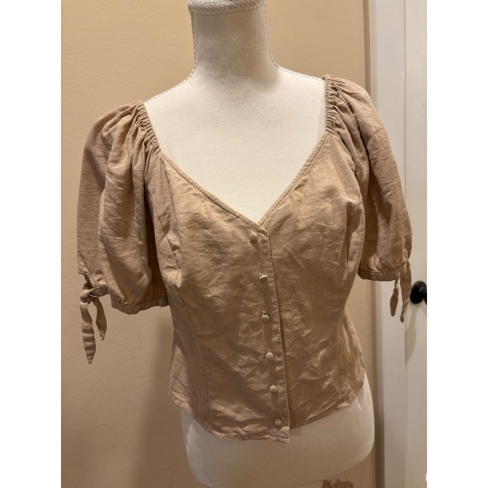 Express Tan Linen Blend Puff Sleeve Button Front Blouse Top Medium
